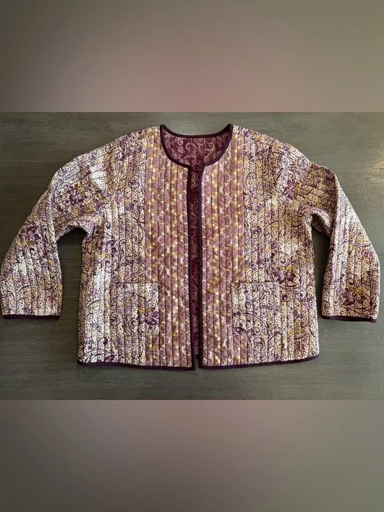 Quilted Reversible Jacket Purple Tan Gold Floral Paisley Quilt J Jill XL - Picture 2 of 12